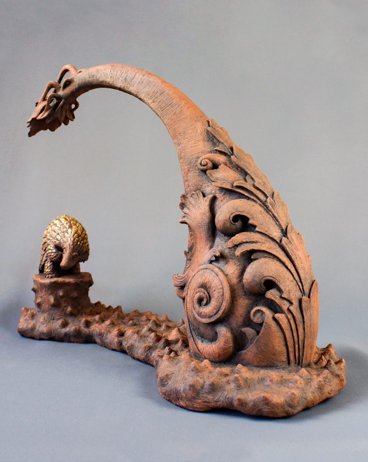Golden Pangolin, ceramic and gold leaf 2020